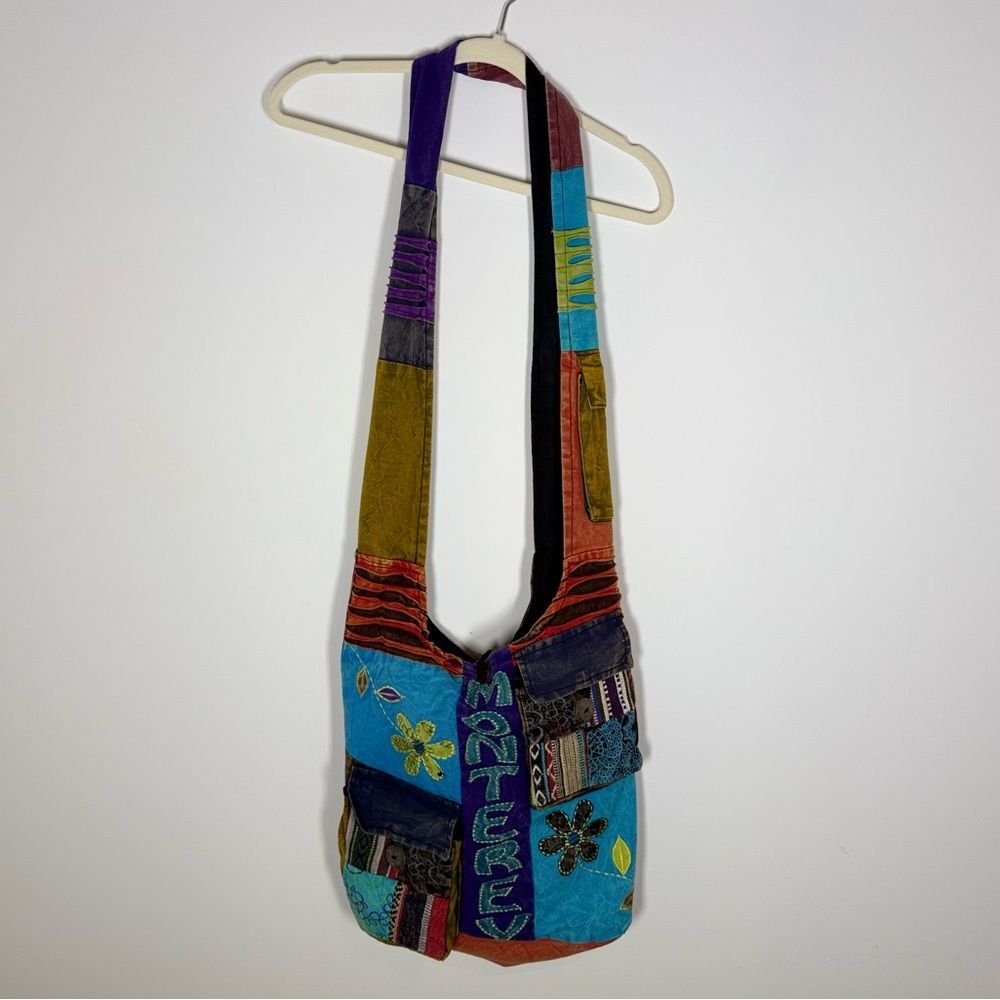Colorful Cotton Patchwork Sling Bag - Embroidered Flower & Text Details Monterey
